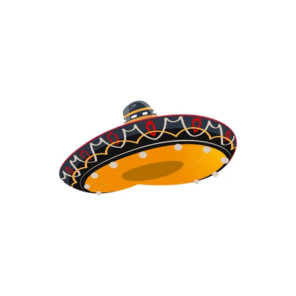 メキシコのソムブレロ帽子 隔離された漫画のベクトルアイコン メキシコのCinco Mayo伝統的な祭りのためのスペインのヘッドウェア 赤唐辛子の飾りと背の高い王冠とお祝いのための休日の衣装キャップ — ストックベクタ