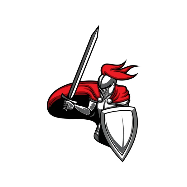 中世の騎士 紋章のマスコットのアイコン 剣と盾を持つ戦士 装甲と赤い岬のブレードと隔離されたガード 古代の王族兵士ヘルメットで赤い羽飾り — ストックベクタ