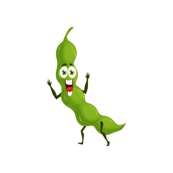 Groene Erwt Pod Platte Stripfiguur Komische Emoticon Geïsoleerde Peulvruchten Superfood — Stockvector