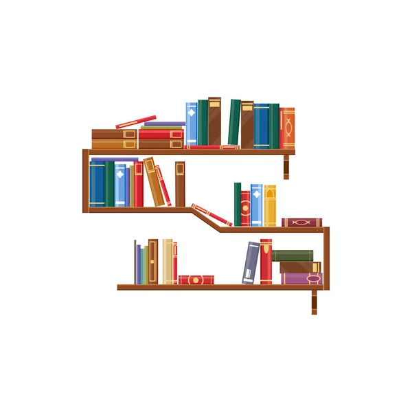 Bookshelf Books Isolated Bookcase Rack Textbooks Vector Library Shelves Wooden — Stock Vector