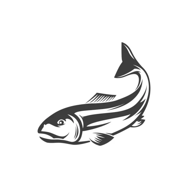 鱼水下动物 鲑鱼钓鱼运动吉祥物孤立的单色图标 矢量鲑鱼灰白色 海产海鲜 灰鱼和白鱼在跳跃中 渔业体育奖杯 — 图库矢量图片