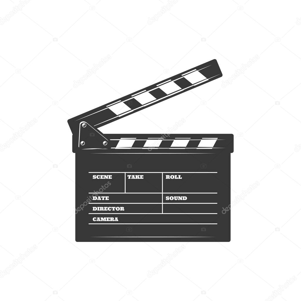 Cinema clapboard, scene and action board, clapper board isolated film production desk monochrome icon. Vector movie shooting instrument with mention of scene and shot number, director and cameraman