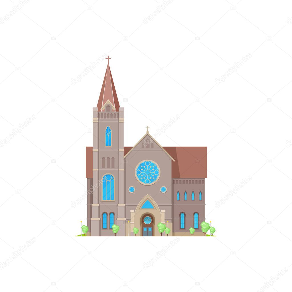 Church or cathedral, medieval gothic chapel or christian temple, vector flat facade. Religion buildings and architecture, church or ancient cathedral with belfry tower and stained glass windows