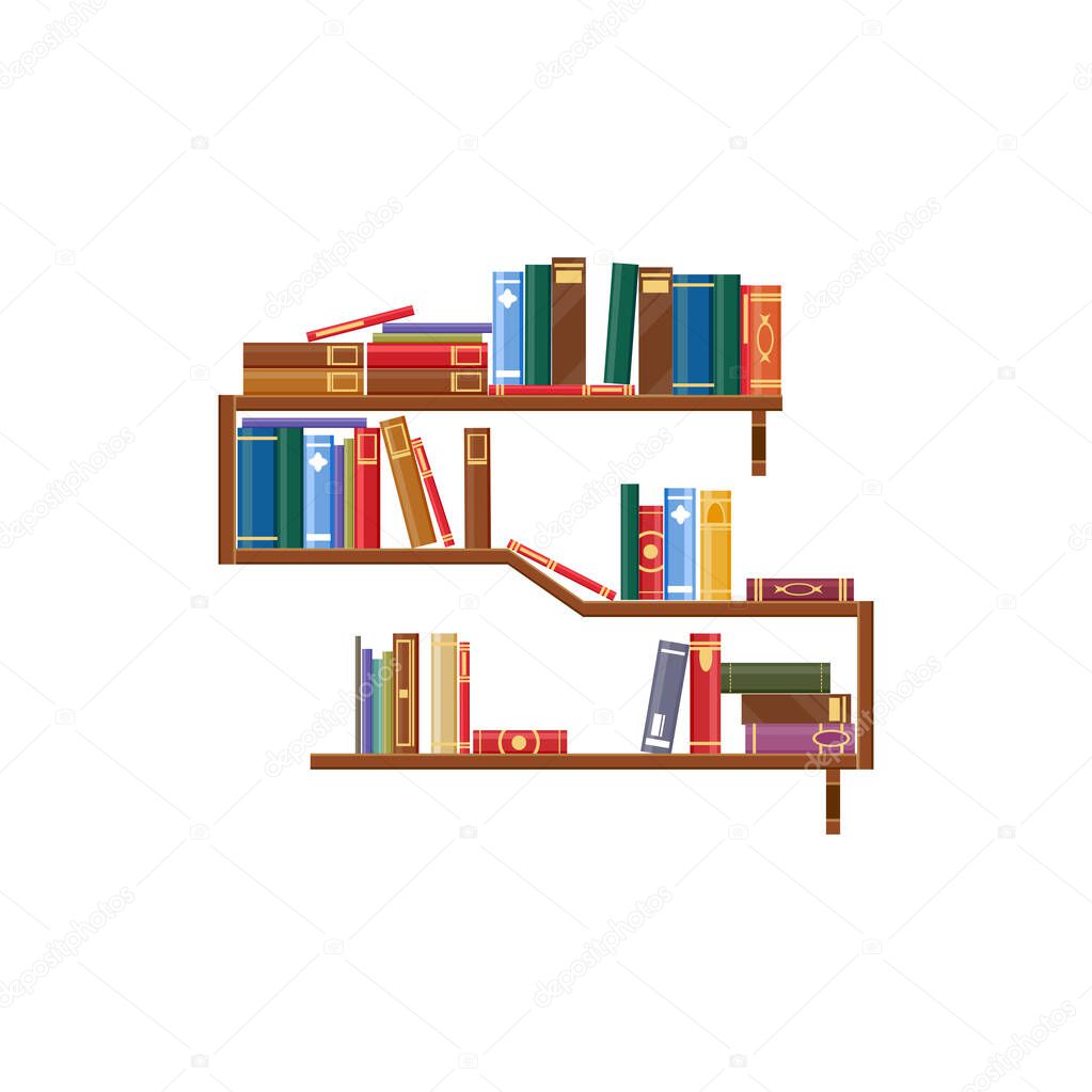 Bookshelf with books isolated bookcase with rack of textbooks. Vector library shelves, wooden bookshelves in bookstore or bookshop. Piles of standing dictionaries, encyclopedias and retro literature