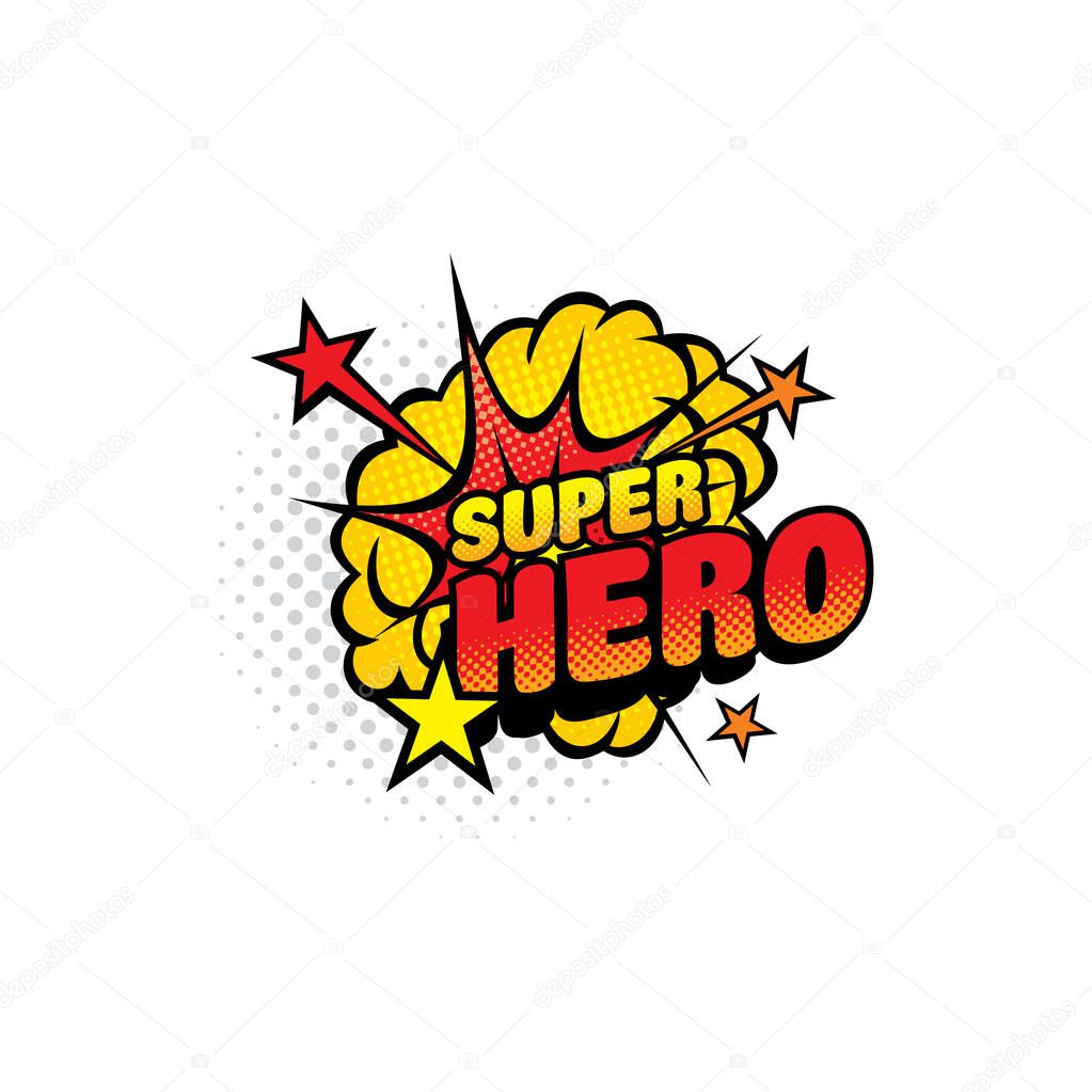 Super hero comics half tone bubble isolated vector icon. Cartoon pop art retro sound cloud blast explosion with stars and dotted pattern. Boom bang colorful superhero symbol with typography