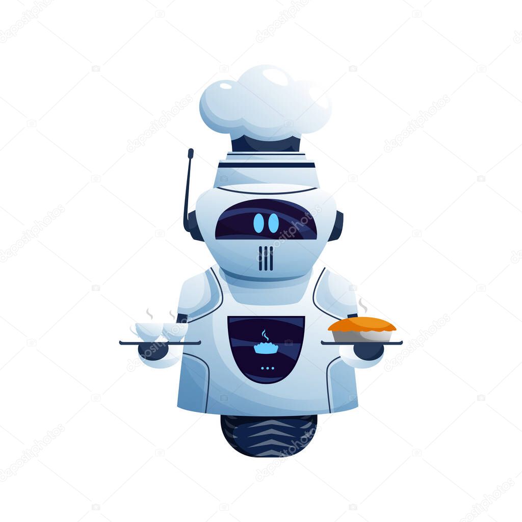 Robot with chefs cup isolated cook with food and drinks on plate. Vector one wheel automation, cooker holding in hands cup of coffee and baked cake. Smart cooker chef machine, new technology