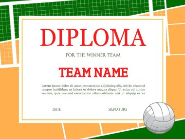 Voleybol şampiyonu takım vektör şablonu için diploma. Turnuvaya katılım belgesi. Spor kulübü sınır tasarımını top ve potayla ödüllendirdi. Okul ligi ya da plaj voleybolu yarışması