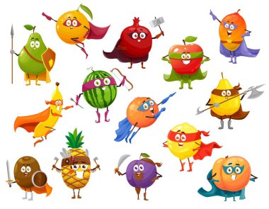 Süper kahraman meyve çizgi film karakterleri süper yemek vektörü. Komik elma, limon, şeftali ve mango, portakal, muz, armut ve erik, kahraman pelerinli karpuz ve avokado, yüz maskesi ve silah