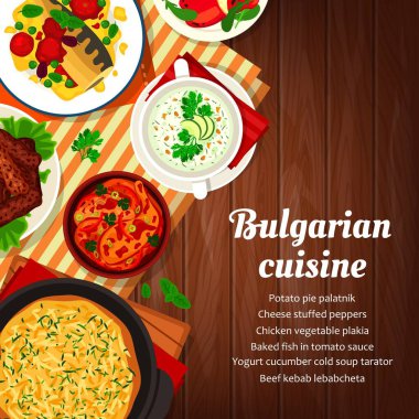 Bulgar mutfak menüsü, yemekler ve yemekleri, Bulgaristan 'a geleneksel et kebabı, turta ve güveç vektörü. Bulgar mutfağı veya Balkan Doğu Avrupa kafe ve restoran yemek menüsü, dünya mutfakları