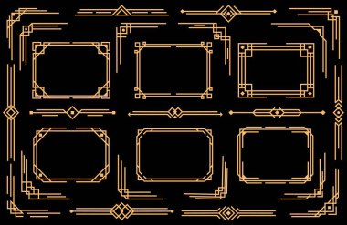 Art deco vektör elementleri sınır, çerçeve, bölücüler ve köşeler. Dekoratif geometrik Viktorya tarzı tasarım, zarif vintage semboller, siyah arkaplanda izole edilmiş eski antika, simgeler