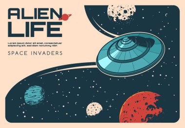 Uzaylı UFO 'ları uzayda, galaksi evren gezegenleri, vektör vintage posterleri. Uzaylılar ve gezegen işgalcisi UFO, bilim kurgu gizemi bilim, dünya dışı uzay aracı ve uzaylılar Dünya 'ya ya ya da Ay' a saldırıyor.