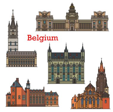 Belgium travel landmarks, architecture of Brussels and Bruges, vector. Belgian cathedrals, churches and Bruxelles buildings, Brugge city hall mairie, Gruuthuse palace museum, Belfry or Belfort tower clipart