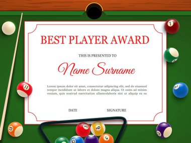 Bilardo turnuvası en iyi oyuncu diploması ya da sertifika şablonu. Bilardo müsabakası, bilardo şampiyonası ya da kulüp yarışması galibi masa vektöründe top, işaret ve üçgen raflı diploma
