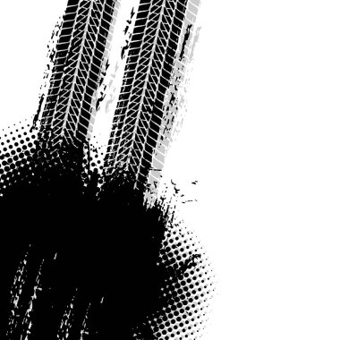 Offroad grunge vektör lastik izleri ve beyaz arka planda kirli noktalı siyah nokta. Otomobil koruyucusu, rali izleri, motokros lastikleri desenleri, lekeli desenli lekeli off-road grungy patikaları.