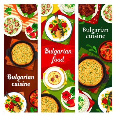 Bulgar gıda yemekleri menü yemekleri, yemek afişleri, Bulgaristan restoran et ve salatalarını yönlendir. Bulgar geleneksel mutfak yemekleri domates soslu fırında balık, biberli peynir ve patates turtası