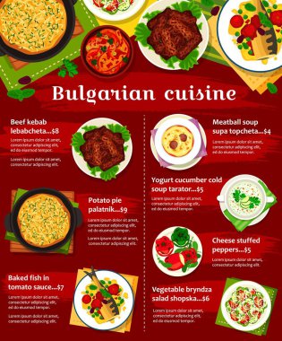 Bulgar yemek menüsü, yemekler ve yemekleri, Bulgaristan restoranının et kebabı ve öğle yemeğini yönlendir. Bulgar geleneksel mutfak yemekleri yoğurt salatalık çorbası tarator ve bryndza salatası