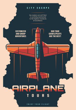 Uçak turları, jet yolculuğu ve uçak yolculuğu, vektör retro klasik poster. Pilot rehberi, tatil yolculuğu ve pervaneli uçakla özel uçuş, havacılık turizmi macerası