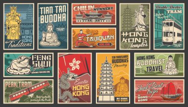 Hong Kong seyahat vektörü Çin simgeleri. Ejderha, geleneksel Pagoda mimarisi, Buda heykeli ve orkide, tapınak ve feng shui kurbağalı Hong Kong bayrağı. Asya turizm retro posterleri
