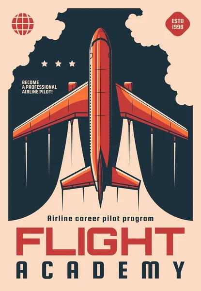 Uçuş Akademisi Retro Vektör Posteri Gökyüzünde Uçan Modern Uçak Uçak — Stok Vektör