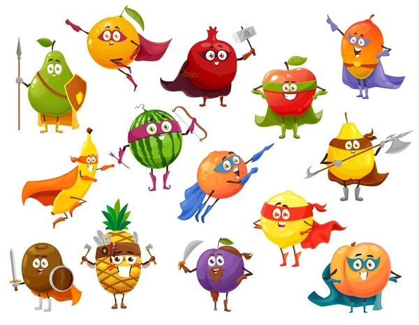 Superhelden Frucht Cartoon Figuren Set Von Vektor Super Food Lustige — Stockvektor