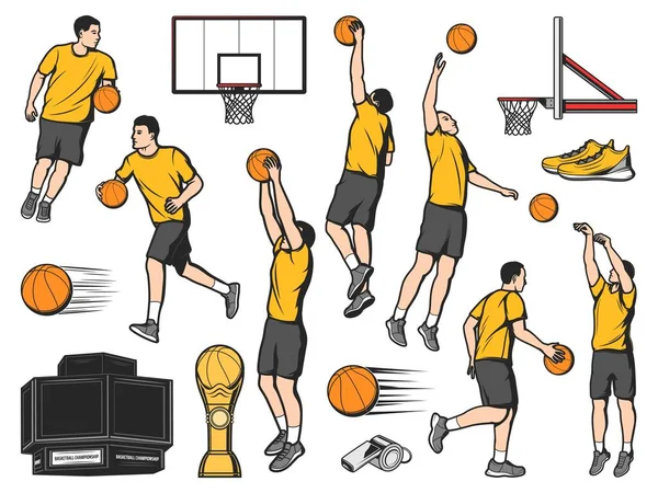 Basketball Players Sport Game Equipment Items Vector Icons Basketball Streetball — Stock Vector