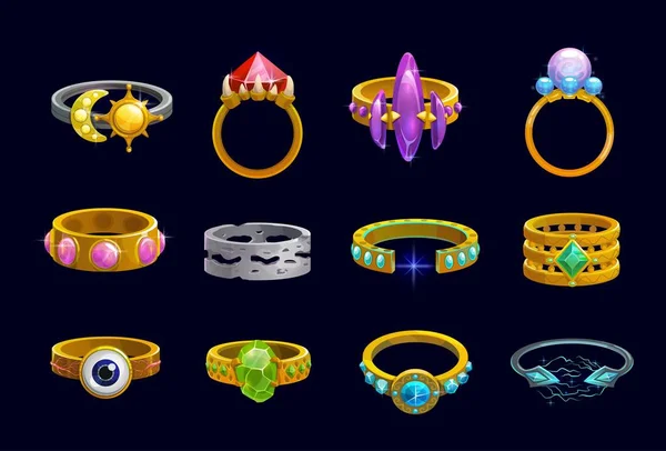 Anillos Mágicos Vector Dibujos Animados Joyas Juegos Fantasía Interfaz Usuario — Archivo Imágenes Vectoriales