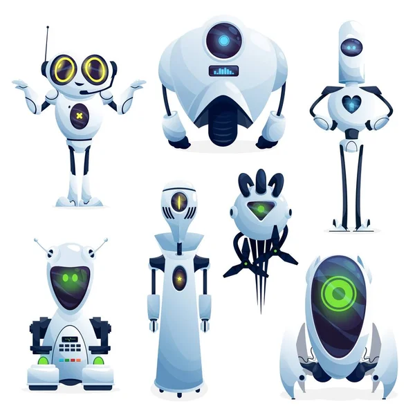 漫画ロボット ベクトルサイボーグキャラクター おもちゃやボット 人工知能技術 長い腕や触手とデジタル輝く顔を持つフレンドリーなロボット かわいい電子絶縁アイコンセット — ストックベクタ