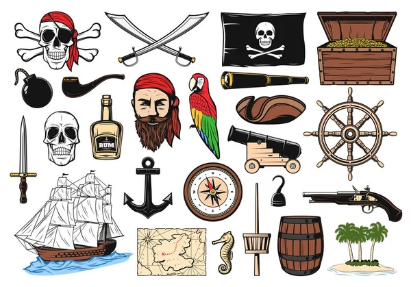 Conjunto Pirata Con Iconos Vectoriales Capitán Barco Mapa Gancho Cofre — Archivo Imágenes Vectoriales