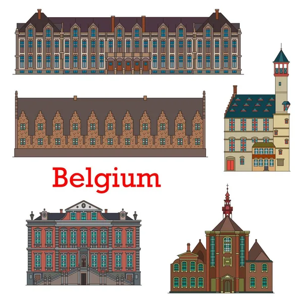 比利时地标和建筑 比利时王宫 主教座堂和教堂 比利时旅行的标志性建筑有Groot Vleeshuis或Great Butchers Hall Stadhuis和Toreken塔 — 图库矢量图片