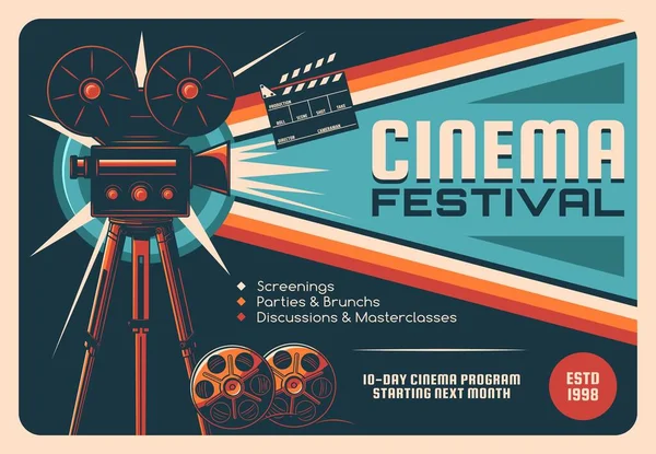 Cinema Festival Cinematografie Industrie Retro Poster Oude Filmcamera Statief Bioscoop — Stockvector