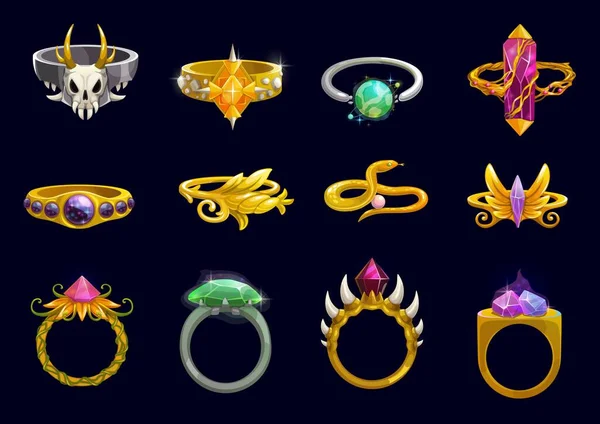 Magic Rings 판타지 디자인의 사용자 인터페이스 귀금속 다이아몬드 루비와 크리스탈 — 스톡 벡터