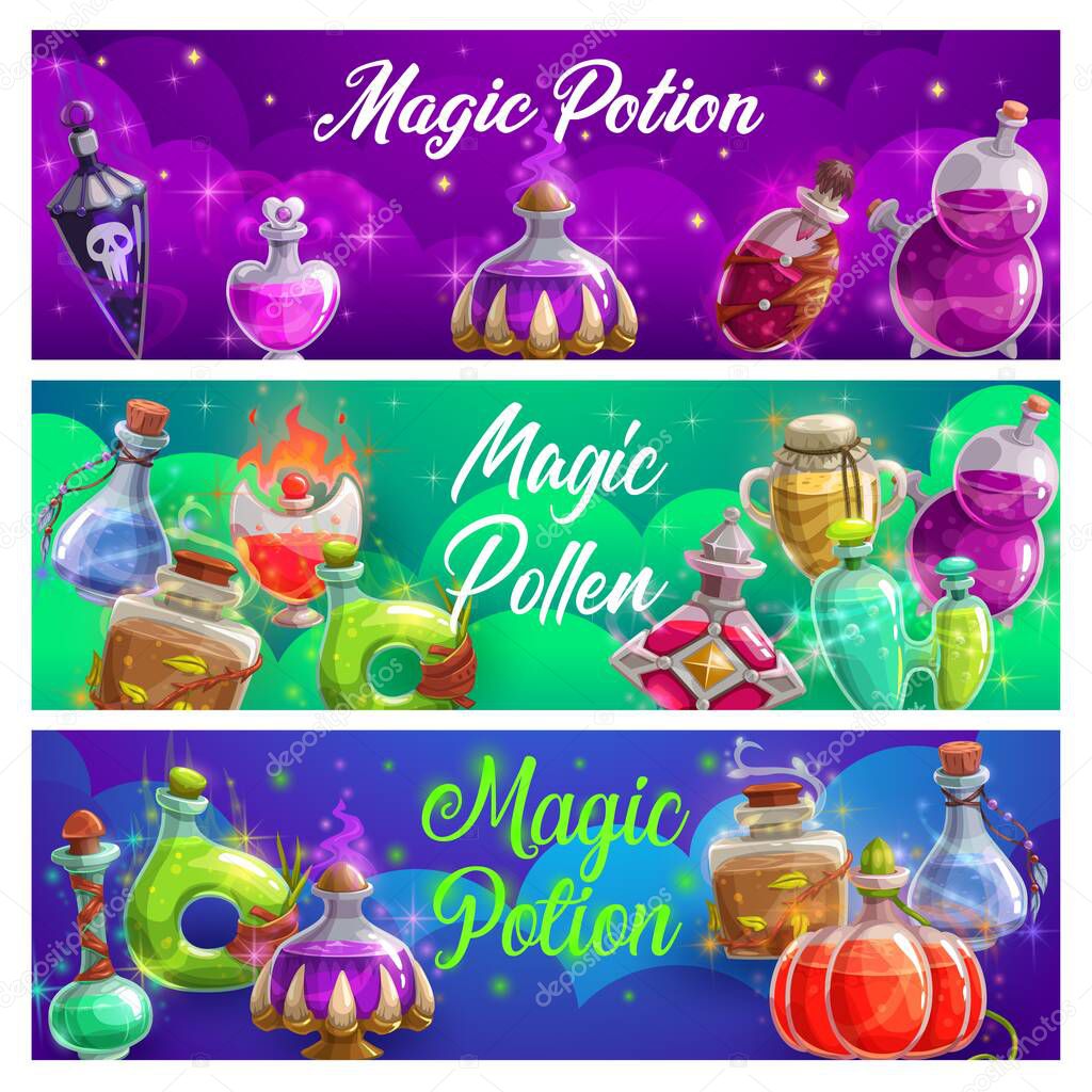 Magic potion bottles vector banners, magical elixir or pollen in glass flasks. Fairy dust, love or death potion glowing liquid with enchanting sparkling. Cartoon witch poison bottles for spell cards