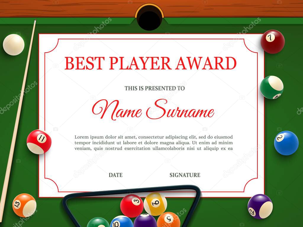Billiard tournament best player diploma or certificate template. Billiards competition, snooker championship or club contest winner diploma with balls, cue and triangular rack on table vector