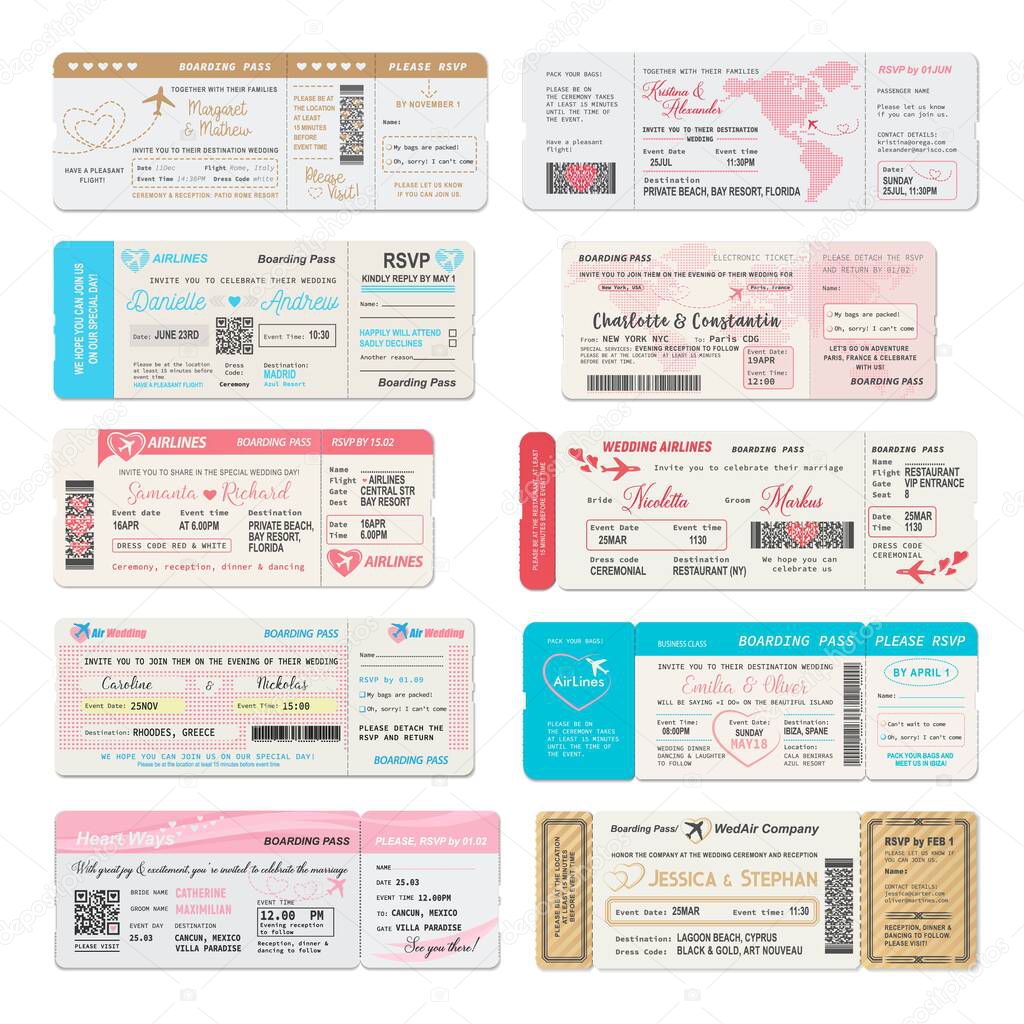 Boarding pass ticket of wedding invitation vector templates. Airline plane tickets and flight cards with airplanes, hearts, world map and RSVP coupons, air travel, marriage and wedding party design