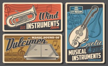 Müzikal enstrümanlar müzesi ve salon retro posterleri. İkiz boyun gitarı ya da mandolin, Fransız kornosu ve öforyum, santur oymalı vektör. Egzotik müzik aletleri koleksiyon klasik pankartlar