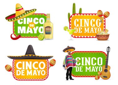 Cinco de Mayo Meksika bayramı ikonları vektör fiesta parti sombrero şapkaları, marakas ve gitar, kırmızı biber, tekila ve guacamole, mariachi müzisyeni, kaktüs ve jalapeno