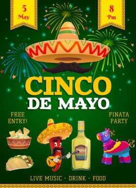 Cinco de Mayo festival broşürü, Meksika bayramı davetiyesi. Fiesta partisi geleneksel yiyecek ve içecek, sombrero, chili ve biber gitar çalıyor. Cinco de Mayo etkinliği için tekila, pinata ve bayraklar.