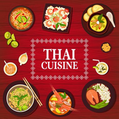 Tayland yemekleri, Tayland yemekleri, otantik mutfak menüsü, vektör. Asya mutfağı salatası, Tom yum çorbası ve körili Tayland eriştesi, Asya mutfağı, yemek tarifi ve restoran menüsü örtüsü geçmişi.