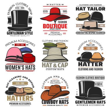 Şapka vektör simgeleri üst silindir, yumuşak, melon şapka, domuz turtası şapkası, saat, bere veya şapka. Panama, kovboy şapkası ya da eski moda başlık butiği ve çizgi film tabelası.