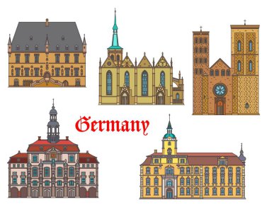 Almanya mimariyi, evleri ve katedralleri, vektör şehir binalarını simgeler. Osnabruck, Luneburg rathaus, katedral, St Marien kirche kilisesi ve Oldenburg kalesinin Alman seyahat simgeleri.
