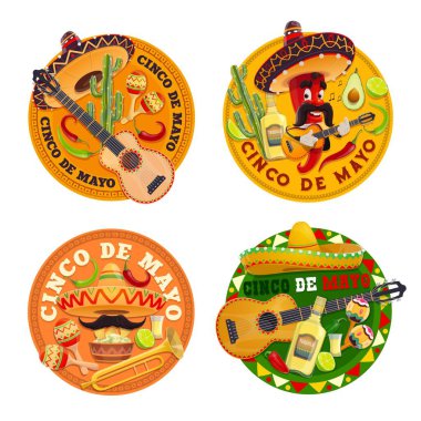 Cinco de Mayo 'nun Meksika' daki kırmızı biberli karakterin, fiesta partisi sombrero şapkalarının, marakaların ve gitarların vektör tasarımı. Kırmızı biber, tekila ve kaktüs, avokado guacamole ve mısır tortilla nachos