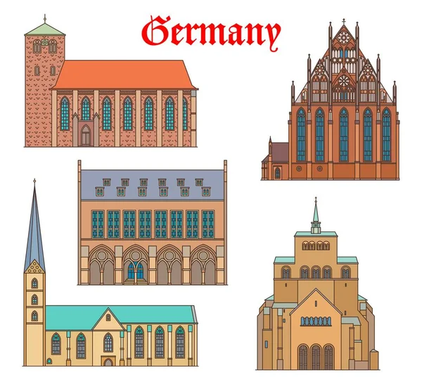 ドイツのランドマーク的な建物 ドイツの旅行建築大聖堂の教会や家 ベクトル Wilhadi Kirche Stade Marienkirche Bielefeld Prenzlau Minden — ストックベクタ