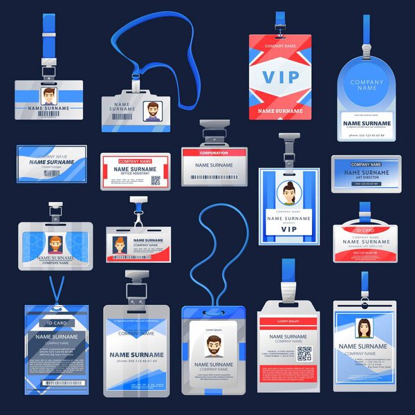 ID card or badge vector mockups of employee identification name tags. Access cards with photo in clear plastic holders with blue lanyards, clips and clasps, office, presentation or conference pass id