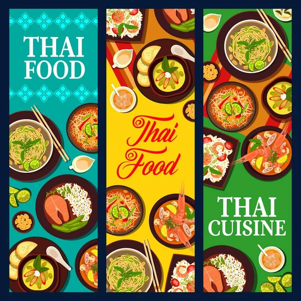 Thailändische Küche Thailändische Gerichte Asiatische Mahlzeiten Banner Vektor Speisekarte Thailändische — Stockvektor