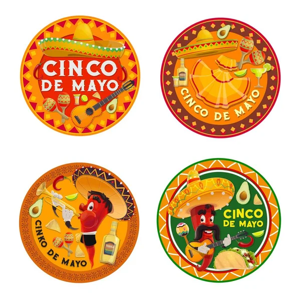 墨西哥Cinco Mayo Chilli Pepper角色 矢量嘉年华派对设计 Cinco Mayo Holiday Sombrero Hats — 图库矢量图片
