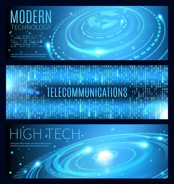 Tecnología Moderna Banners Vectoriales Alta Tecnología Telecomunicaciones Con Flujo Datos — Vector de stock