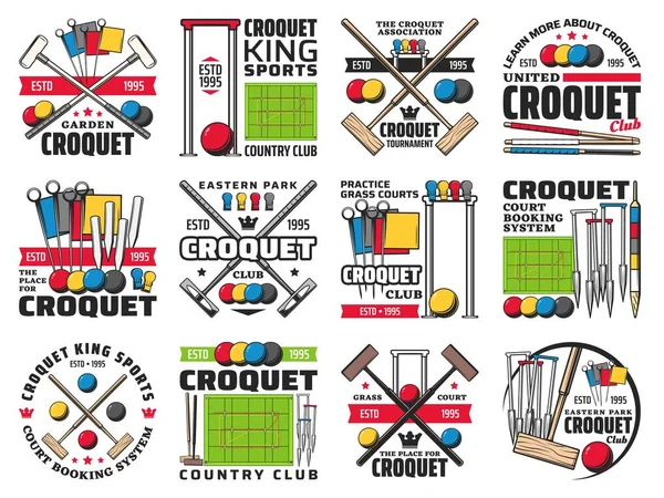 Croquet Club Reserva Corte Torneo Iconos Retro Mazo Madera Bolas — Archivo Imágenes Vectoriales