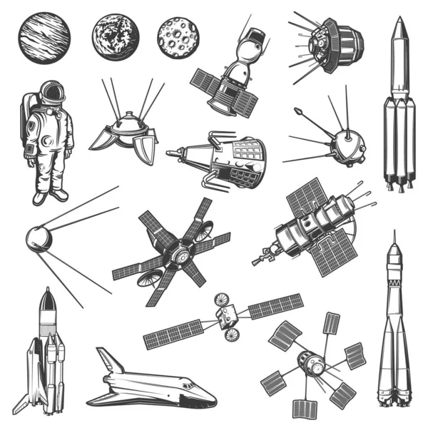 空间探索 星系研究航天器和卫星图标设置 身穿宇航服 人造卫星和空间站舱 航天飞机和航天器雕刻矢量的宇航员 — 图库矢量图片