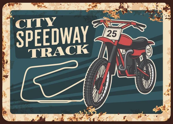 Speedway Motorfiets Metalen Roestige Plaat Moto Sport Races Vector Vintage — Stockvector