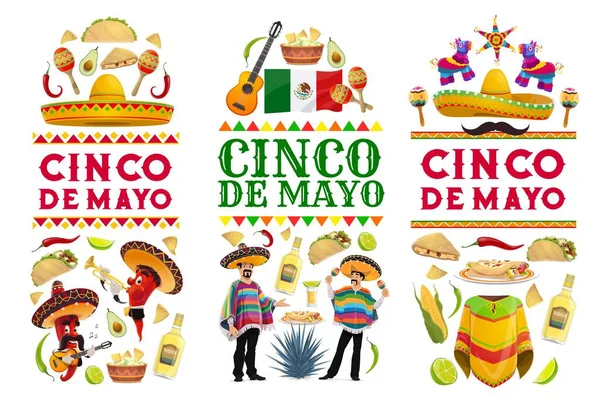 Cinco Mayo Vector Banners Mexican Holiday Food Fiesta Party Chilli — 스톡 벡터